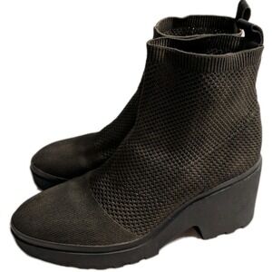 Eileen Fisher Knit Sock Ankle Boots Womens 9.5 Charcoal Bronze Lug Sole Wedge